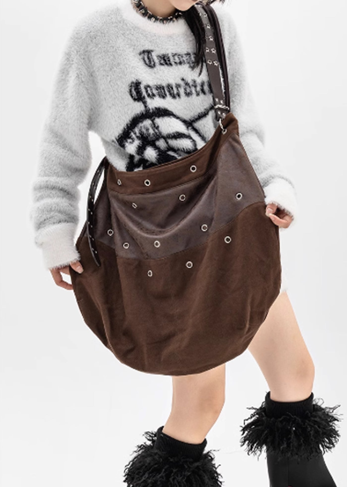 【Antiphase】Patch design two-tone leather design brown bag  AP0007
