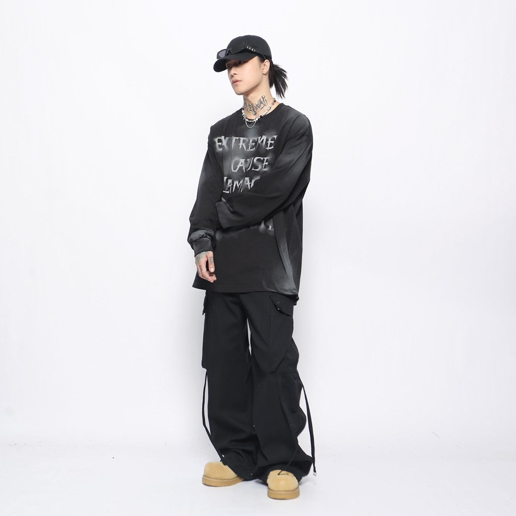 【Mz】Random wash front initial design over long sleeve T-shirt  MZ0049