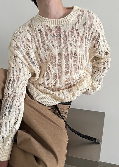 【Very Fewest】Sheer design see-through gimmick color knit sweater  VF0033