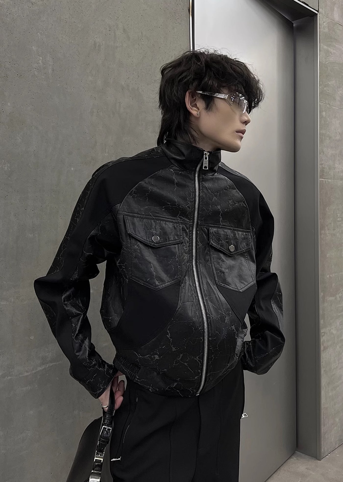 【SOULWORKER】Black Gimmick Leather Wide Full Zip Jacket Outerwear  SW0019