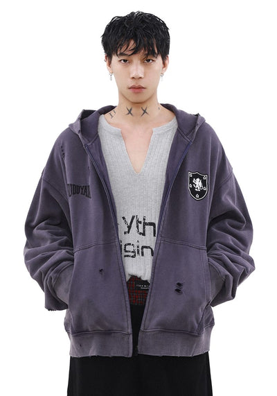 【MR nearly】Dull base color mid-length design damaged full zip hoodie  MR0142