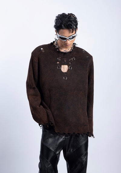 【PLAN1ONE】Tight silhouette mid-length distressed long-sleeved T-shirt  PL0042