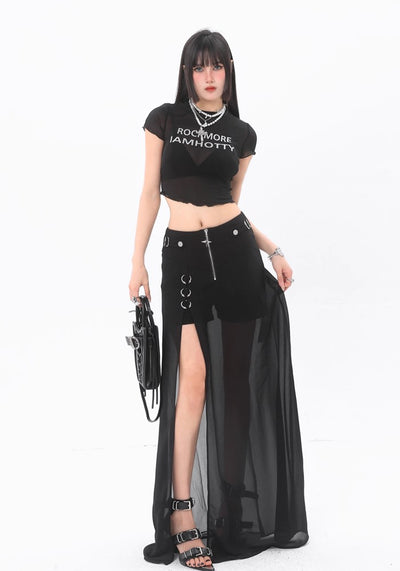 【ROY11】See-through design flared over silhouette black skirt  RY0012