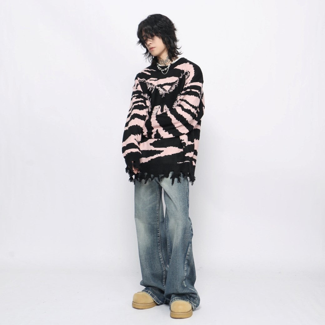 【Mz】Front fringe butterfly design mid-length distressed knit sweater  MZ0046