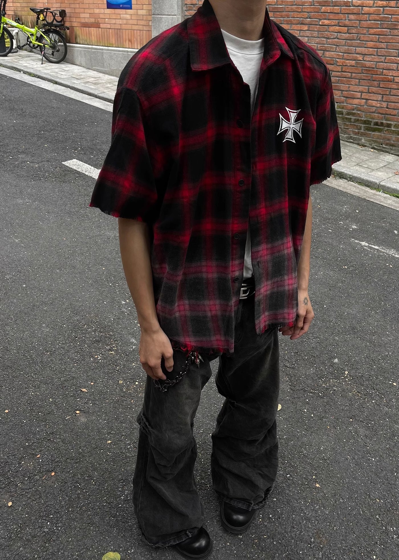 【MAXDSTR】Gradient red ring color plaid short sleeve shirt  MD0146