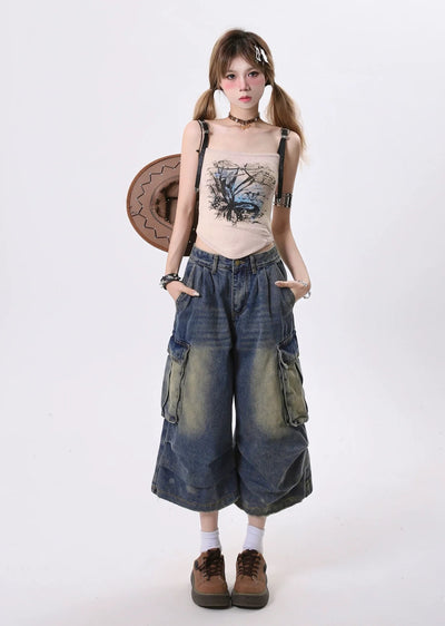 【Rayohopp】Dull wash wide silhouette denim shorts  RH0131