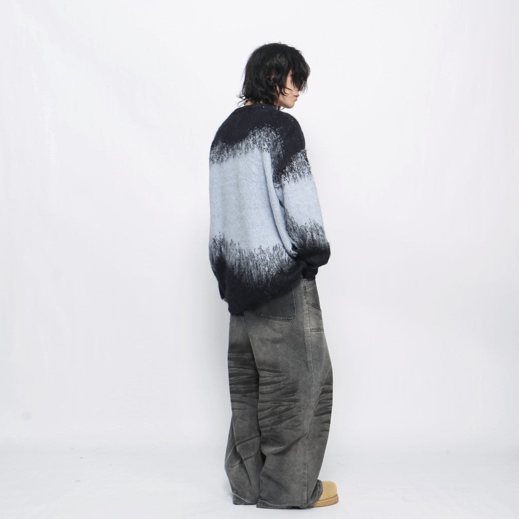 【Mz】Distorted Initial Front Design Blue Black Knit Sweater  MZ0042