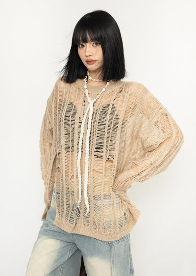 【ZERO STORE】Over-distressed grunge-style see-through knit sweater  ZS0045