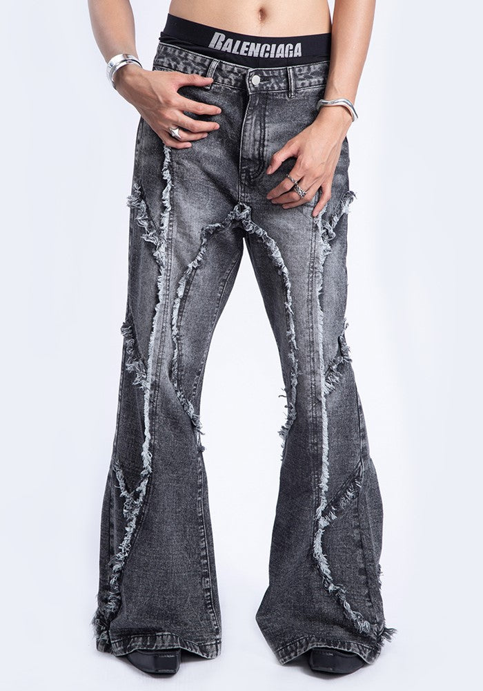 【PLAN1ONE】Double fringe distressed design washed denim pants  PL0047