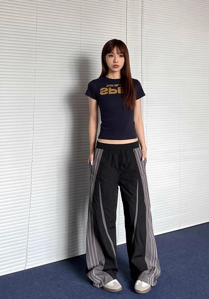 【Apocket】Big side line design casual sporty wide pants  AK0029