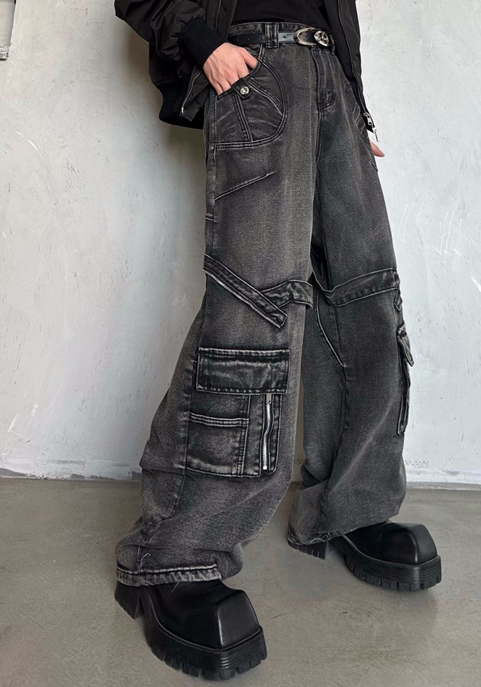 【MARTHENAUT】Dull grey base color wide cargo style denim pants  MH0050