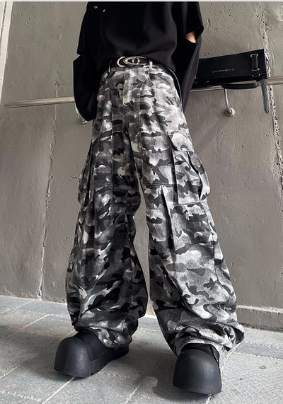 【MARTHENAUT】Dark monotone camouflage color design wide cargo pants  MH0039