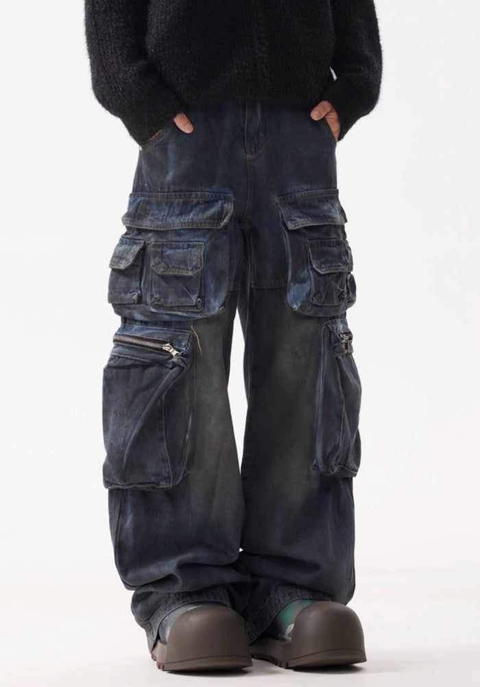 【BTSG】Dull blue wash design cargo denim pants  BS0047