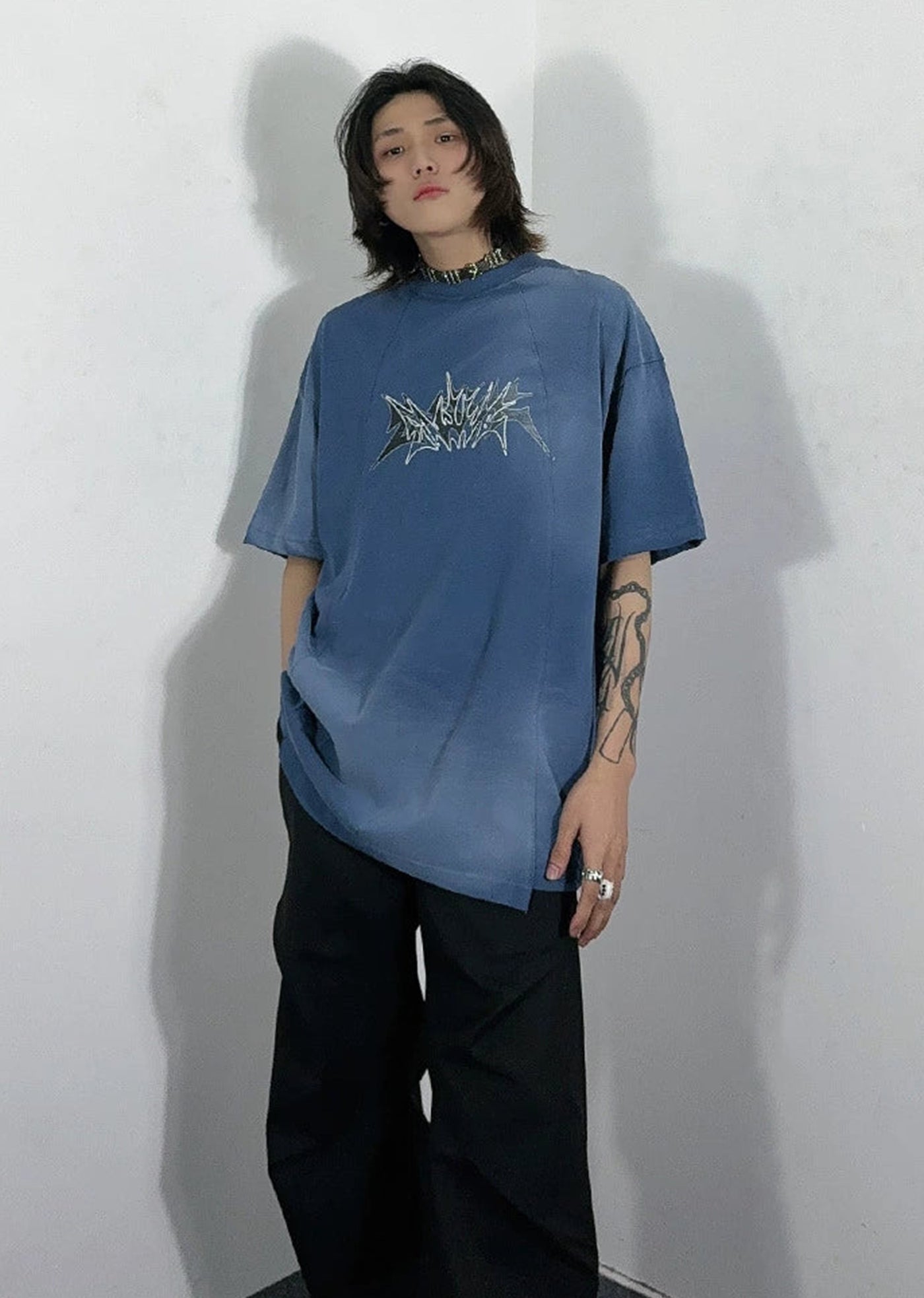 [76street] Multicolor Wash Design Punk Initial Short Sleeve T-Shirt ST0011