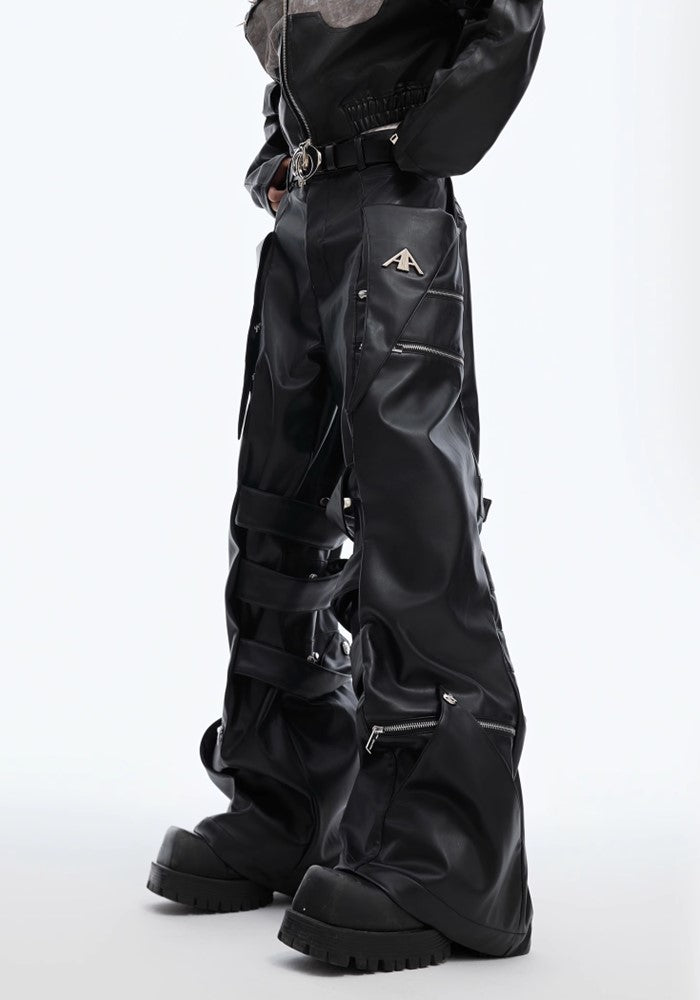 【Culture E】High-level gimmick silhouette leather design wide pants  CE0153