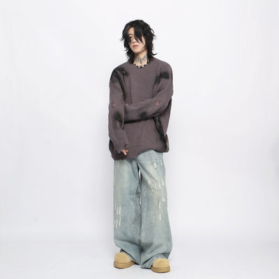 【Mz】Dark dull purple point wash line damage knit sweater  MZ0040