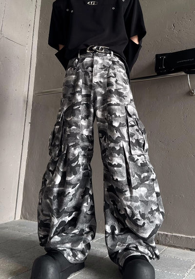 【MARTHENAUT】Dark monotone camouflage color design wide cargo pants  MH0039