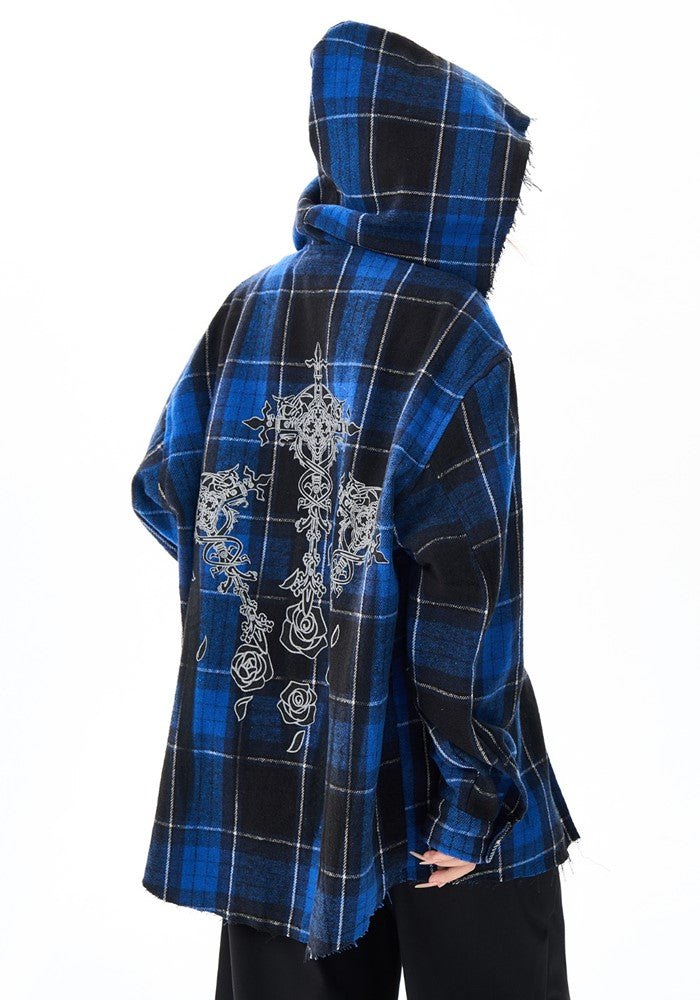 【H GANG X】Back print blue navy color check design full zip hoodie  HX0097