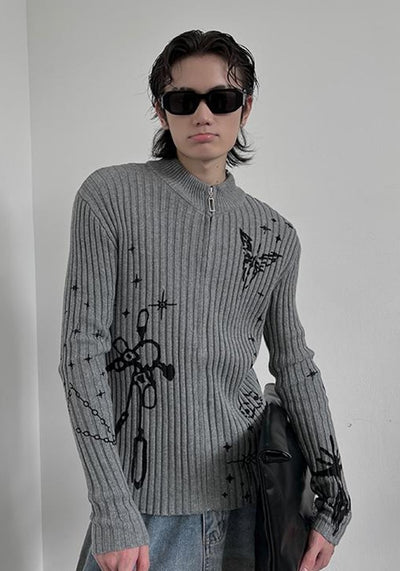 【SOULWORKER】Road Gimmick Random Design Full Zip Tight Silhouette Knit Sweater  SW0040