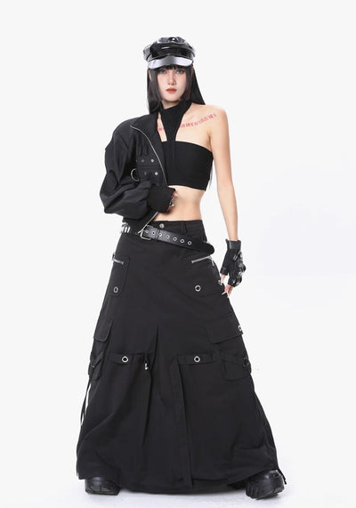 【ROY11】Wide over silhouette gimmick black skirt  RY0005