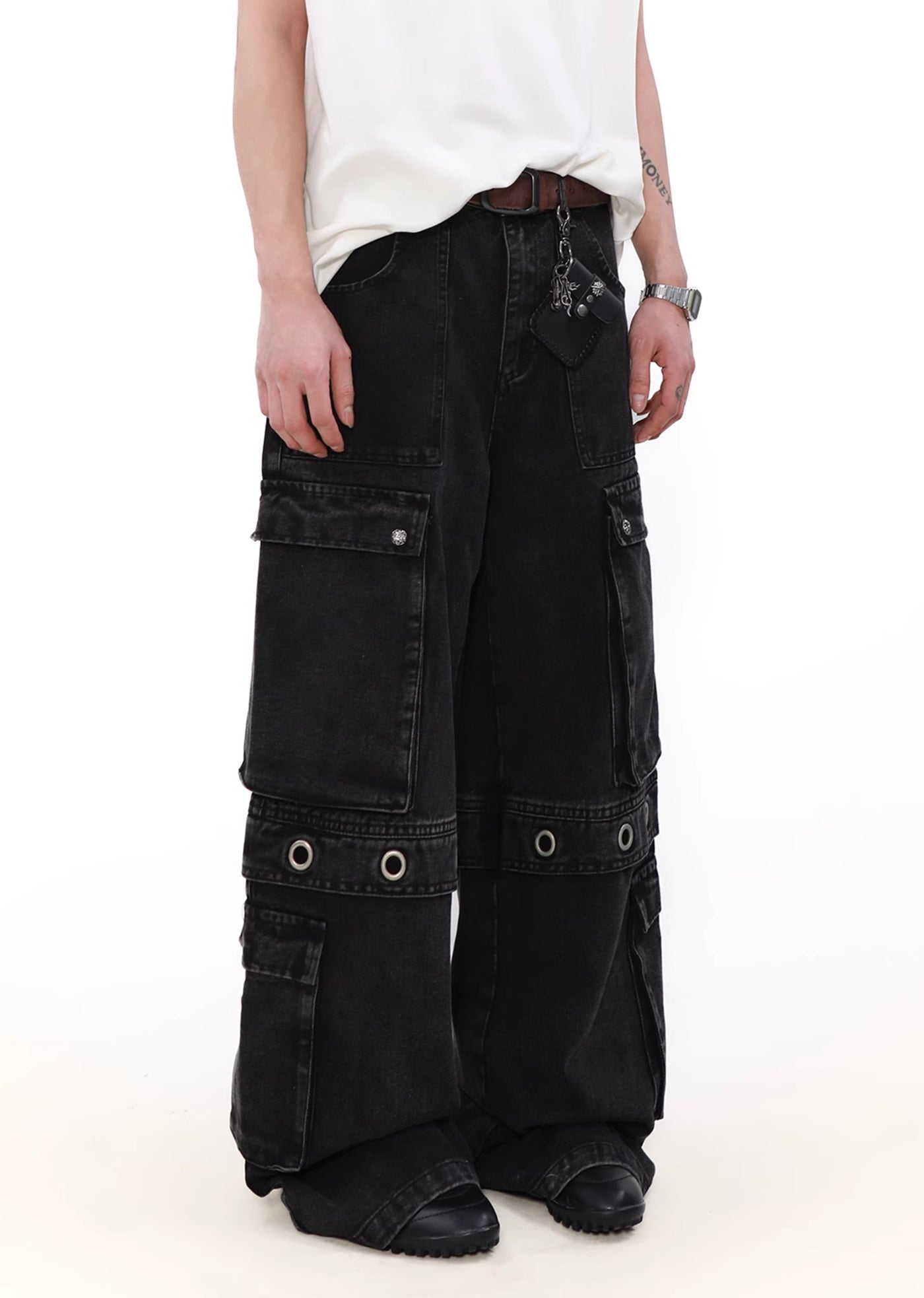 【MR nearly】Multiple gimmick design belt and pocket cover denim pants  MR0130