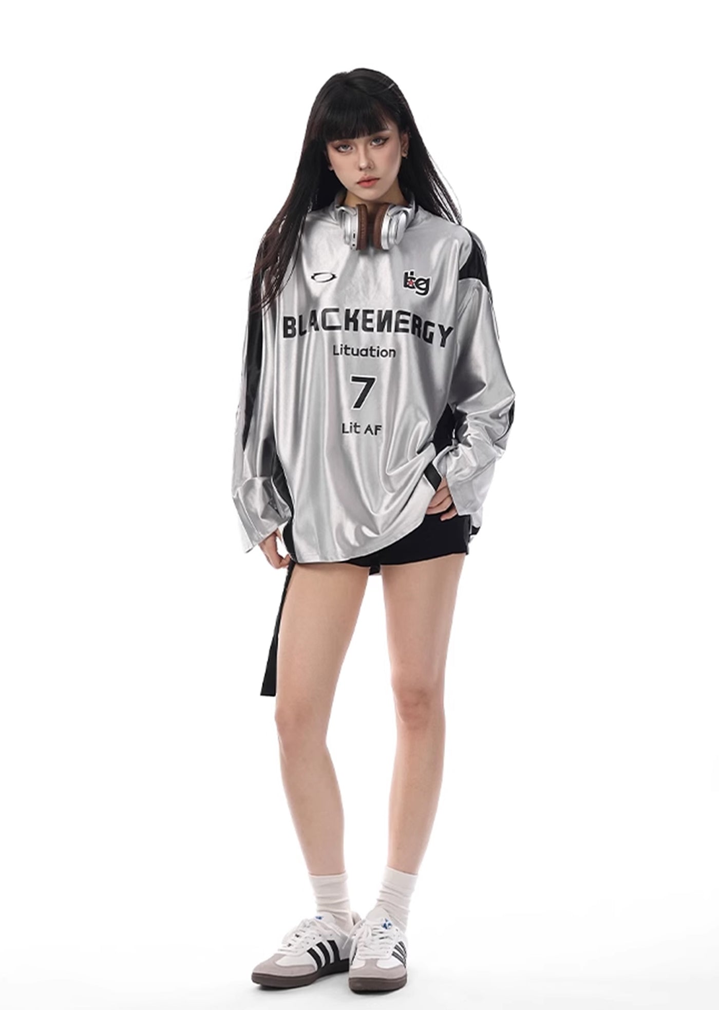 【VINMUK】Shiny silver color gaming initial design long sleeve T-shirt  VM0008