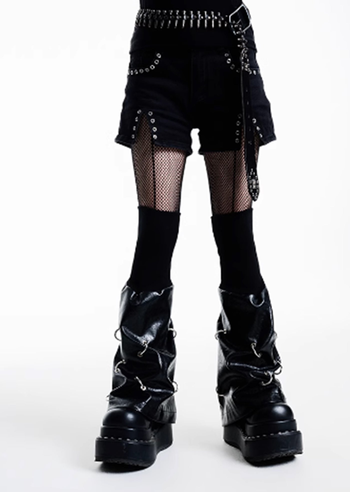 【Antiphase】 Silver Ring Multi-Wave Tight Silhouette Leather Leg Warmers  AP0008