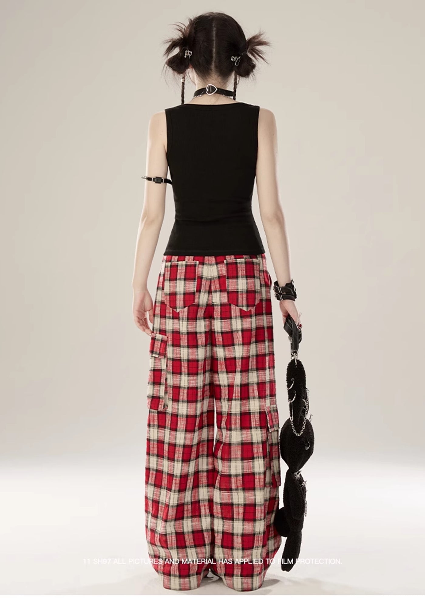 [Eleven shop97] Red check color wide silhouette subculture pants ES0018