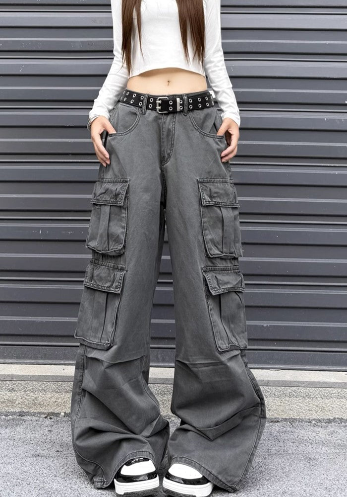 【W3】Double pocket wide silhouette base muted color cargo pants  WO0082