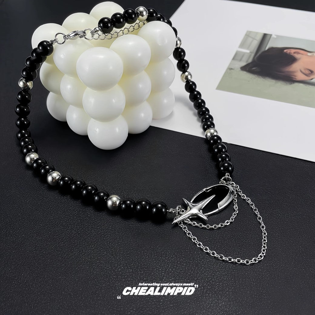 【CHEALIMPID】One-point cross design black pearl ring necklace  CL0006