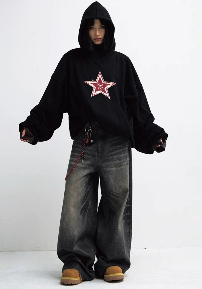 【People Style】One point grunge star design oversized silhouette hoodie  PS0041