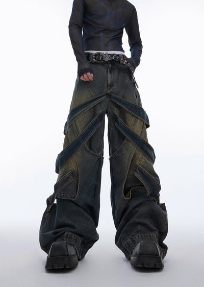 【Culture E】Dull wash cross infinity design denim wide pants  CE0146