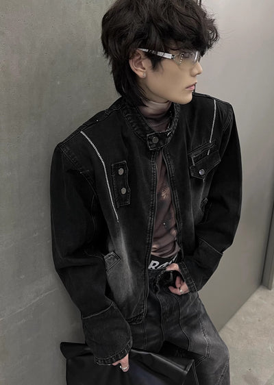 【SOULWORKER】Neck patch design band collar silhouette denim jacket  SW0031