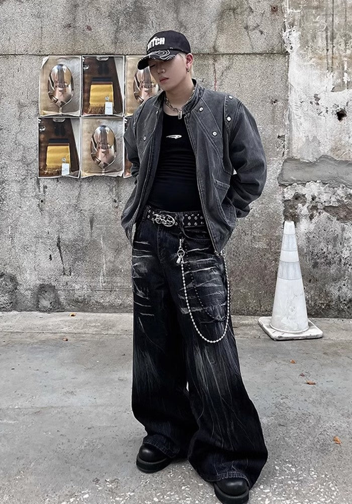 【DARKFOG】Fully washed design basic black denim pants  DF0041