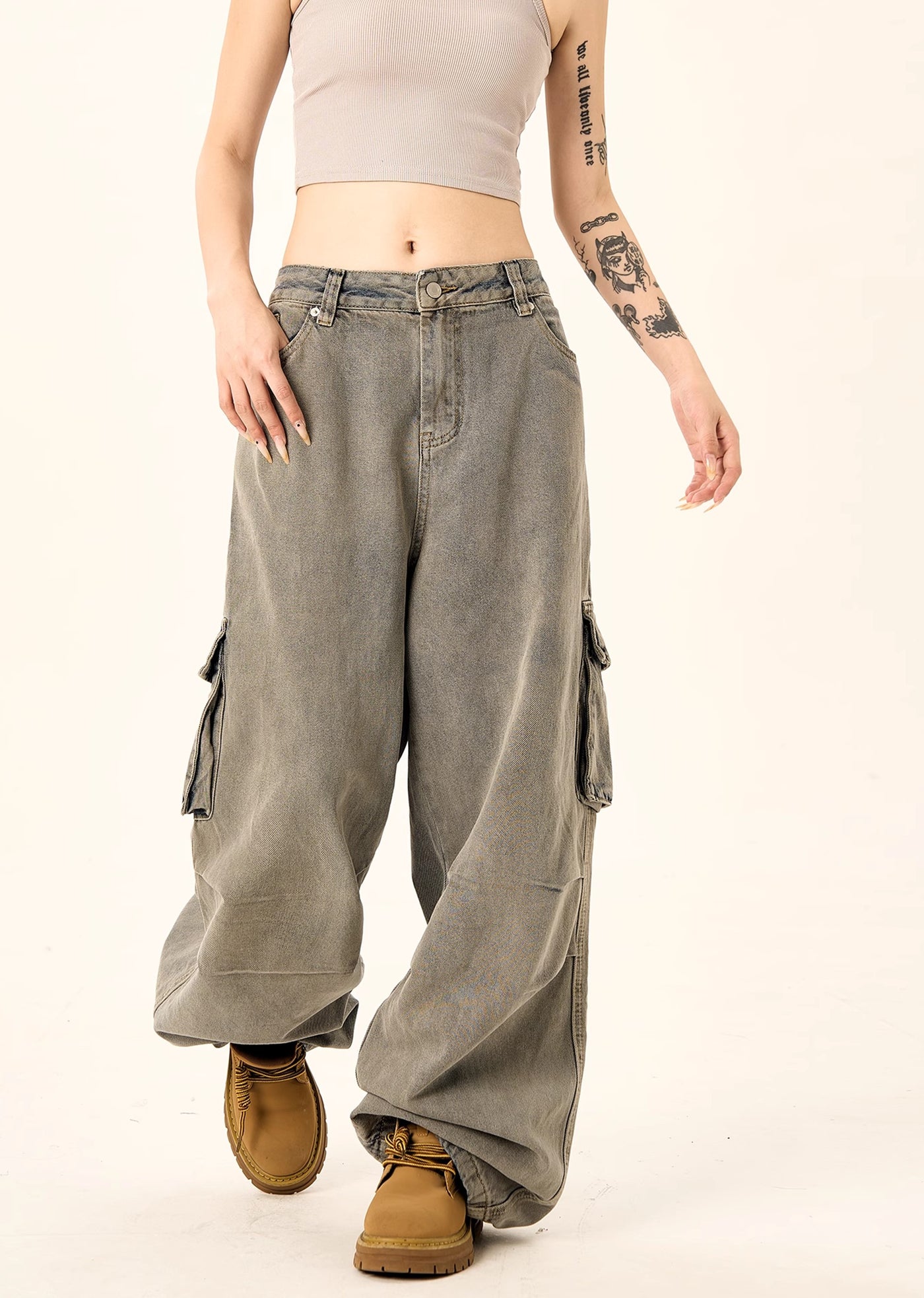 【H GANG X】Basic color design simple cargo denim pants  HX0073