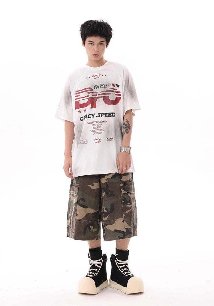 【BTSG】Grunge-style wash initial design oversized short-sleeved T-shirt  BS0026