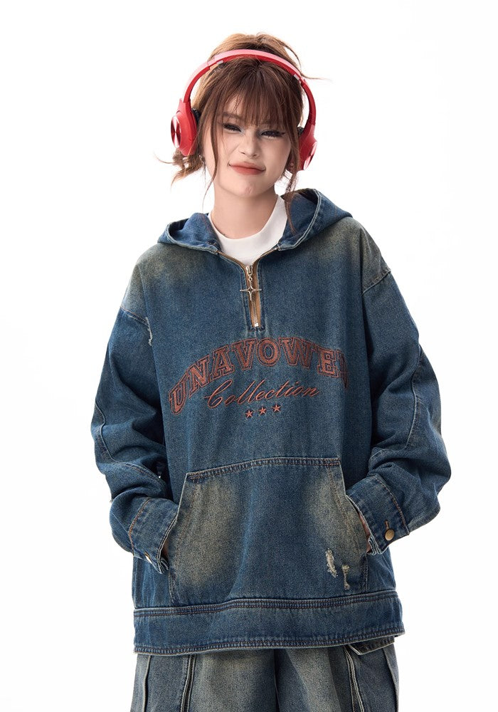 【H GANG X】Double-wash vintage denim overdesign hoodie  HX0087