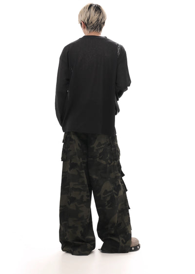 【GIBBYCNA】Wide silhouette riveted design camouflage pants  GC0018