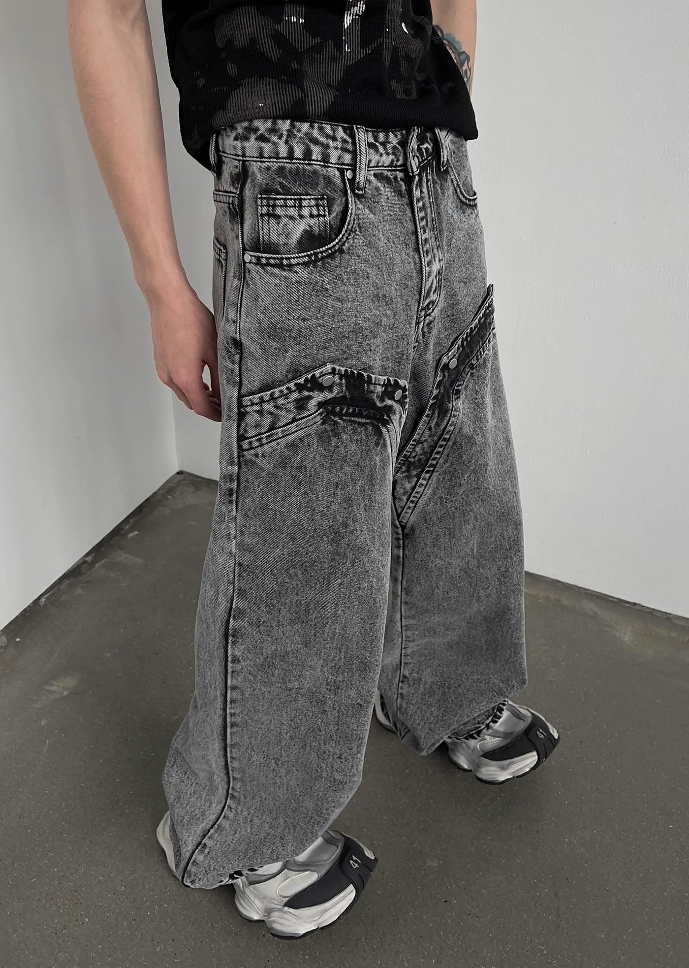 [SOULWORKER] Double fabric design gray color acid denim pants SW0016