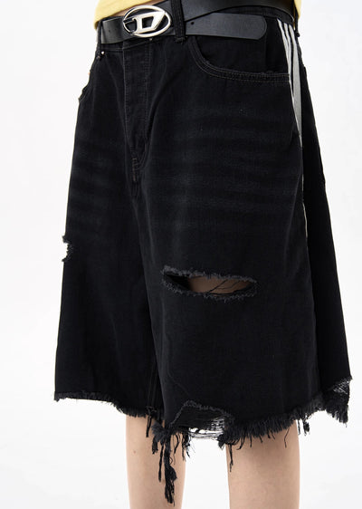 [MAXDSTR] Middle distressed hem point design black denim shorts MD0136
