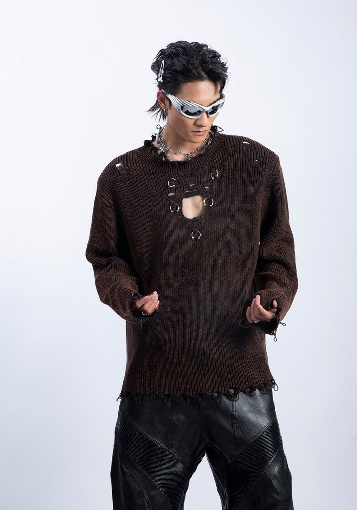 【PLAN1ONE】Tight silhouette mid-length distressed long-sleeved T-shirt  PL0042