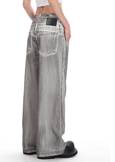 【VINMUK】White gray wide flare silhouette double waist denim pants  VM0009