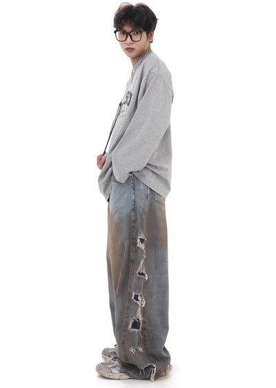 【GIBBYCNA】Grunge style stain design draw damage wide denim pants  GC0017