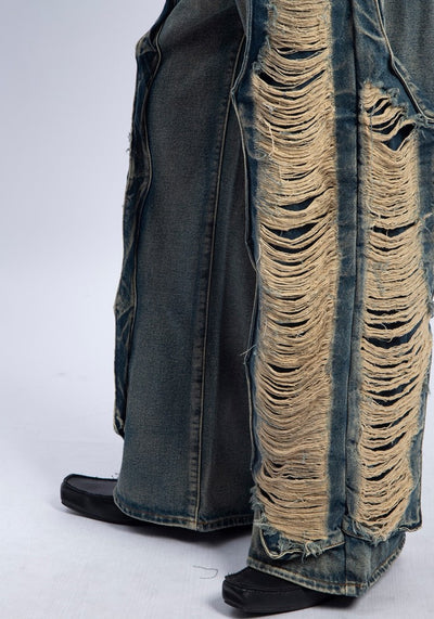 【PLAN1ONE】Side damage processing gimmick design wide straight denim pants  PL0038