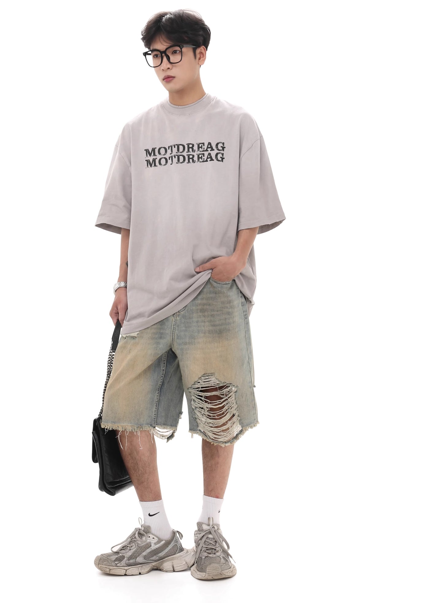 【GIBBYCNA】Multi-distressed design short silhouette denim pants  GC0016