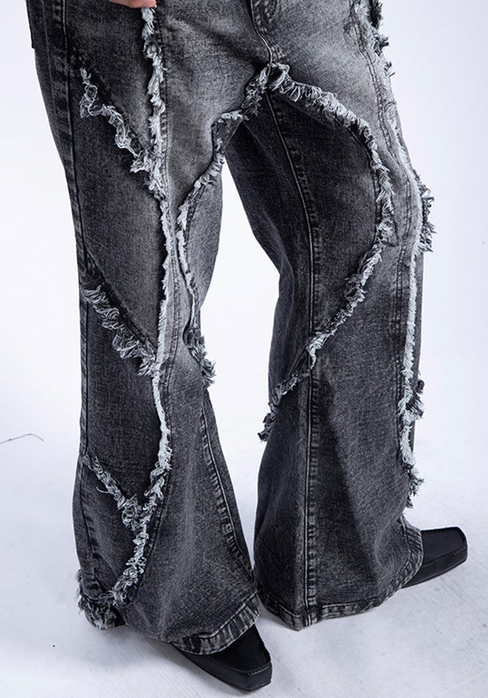 【PLAN1ONE】Double fringe distressed design washed denim pants  PL0047