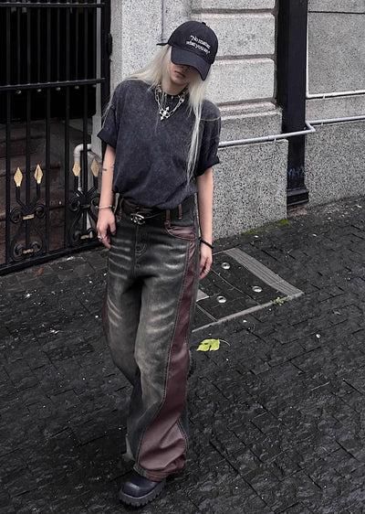 【TR BRUSHSHIFT】Side leather collar design denim wide pants  TB0045