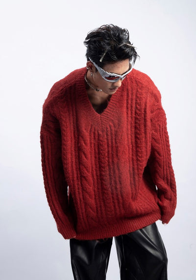 【PLAN1ONE】Simple baseline design V-neck silhouette knit sweater  PL0050