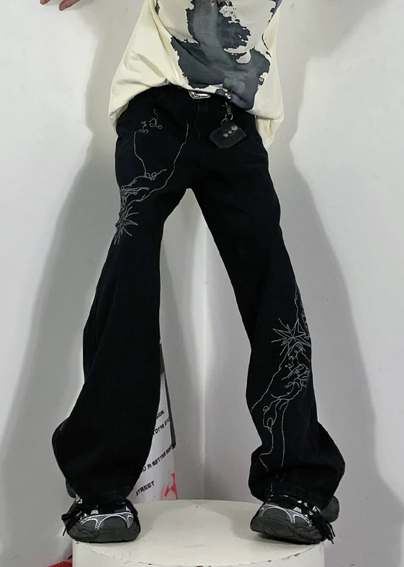 【76street】Partial floral design monotone color wide denim pants  ST0009
