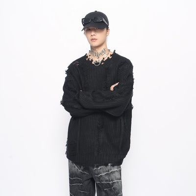 【Mz】Middle Random Distressed Simple Color Knit Sweater  MZ0051